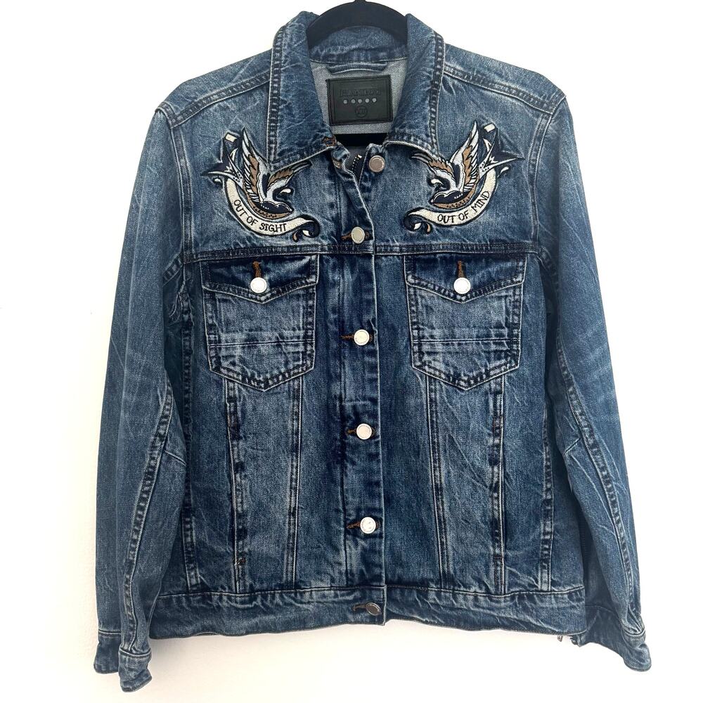 BlankNYC Embroidered Distressed Denim Jean Jacket 'Out of Sight ,Out of Mind'